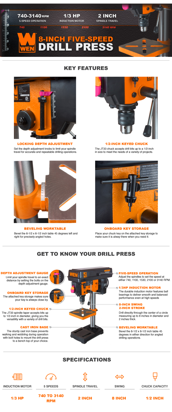 WEN 8 in. 5-Speed Drill Press-4208 - The Home Depot